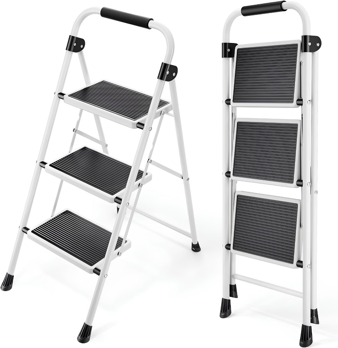 JCP® Huishoudtrap 3 Treden - Ladder - Huishoudtrap - Wit en Zwart - 100cm x 40cm x 90cm