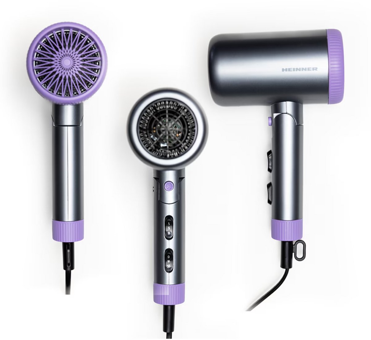 Heinner Föhn – 1700-2000 W DC-motor – 2 Snelheidsstanden – 3 Temperatuurstanden – Ionische Functie – Koude Luchtfunctie – Concentrator en Diffuser – Inklapbare Handgreep – Grijs/Paars