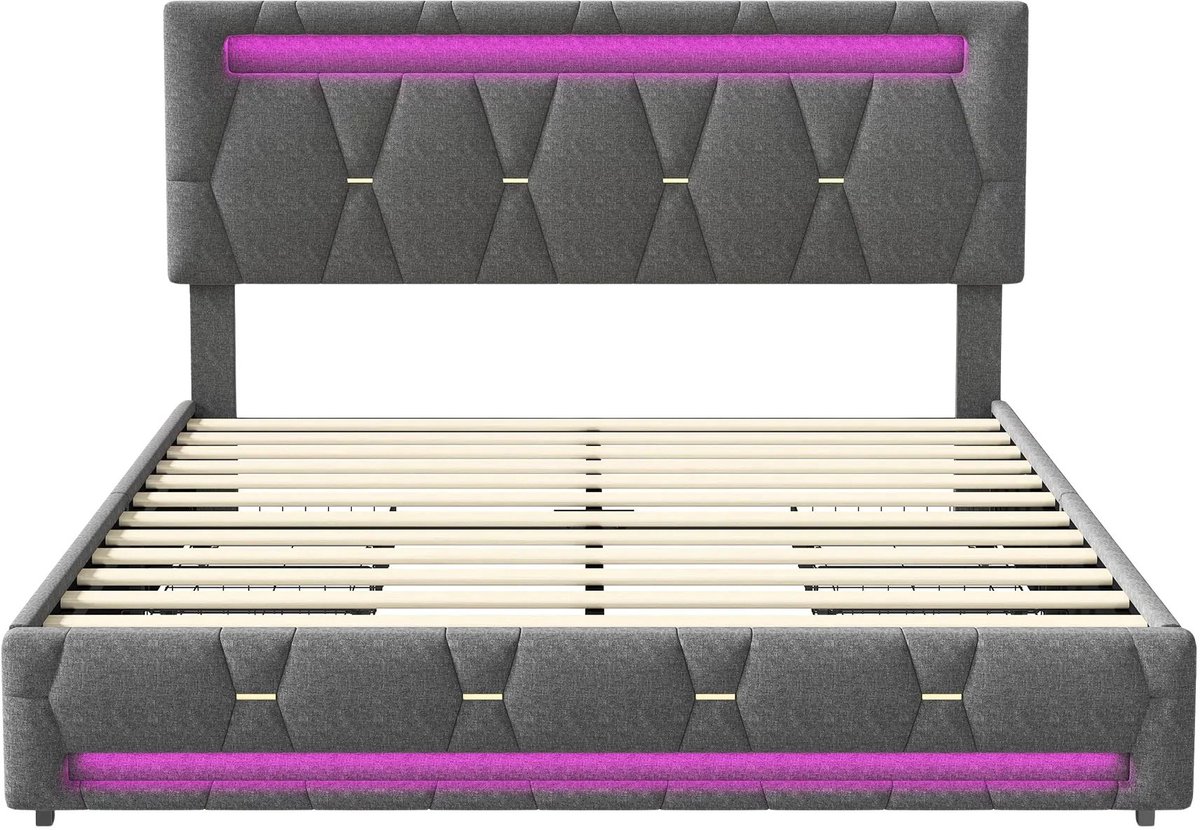 Happiq Gestoffeerd Bed 160 X 200 Cm Grijs - met LED Lichtstrip, Opberglades, Lades - voor Slaapkamer Donkergrijs