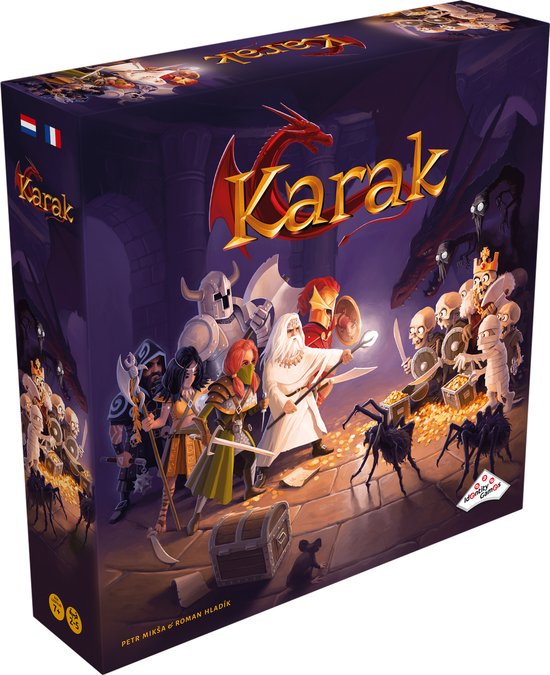 Doos van het bordspel Karak met op de voorkant een groep avonturiers die vechten tegen monsters en een draak. De titel 'Karak' is prominent aanwezig.