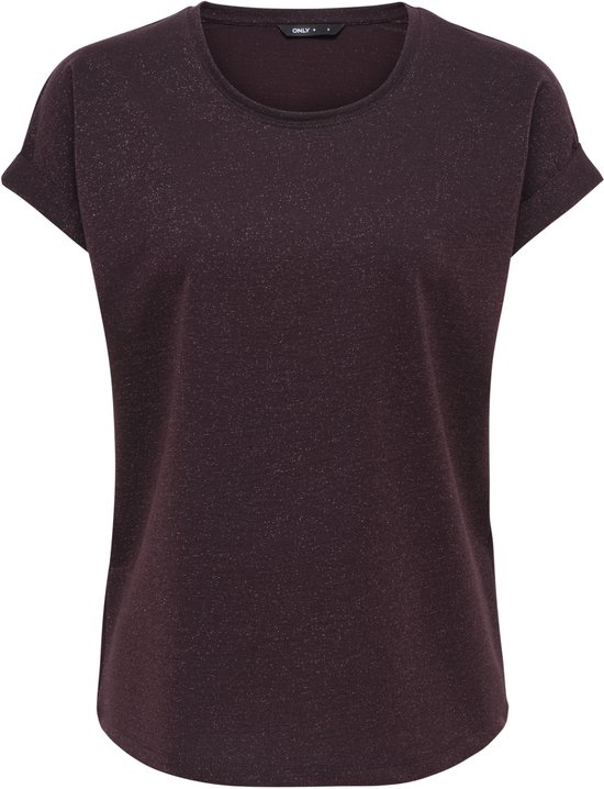 Donkerpaarse top met korte mouwen, glitterdetails en opgerolde mouwen.