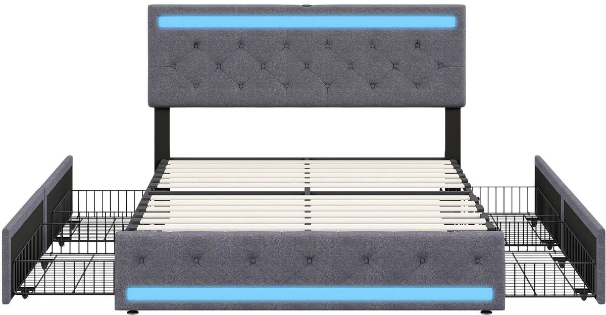 Happiq Opbergbed Gestoffeerd Tweepersoonsbedframe - LED - Oplaadpoorten en 4 Verrijdbare - Verlichting, USB Donkergrijs