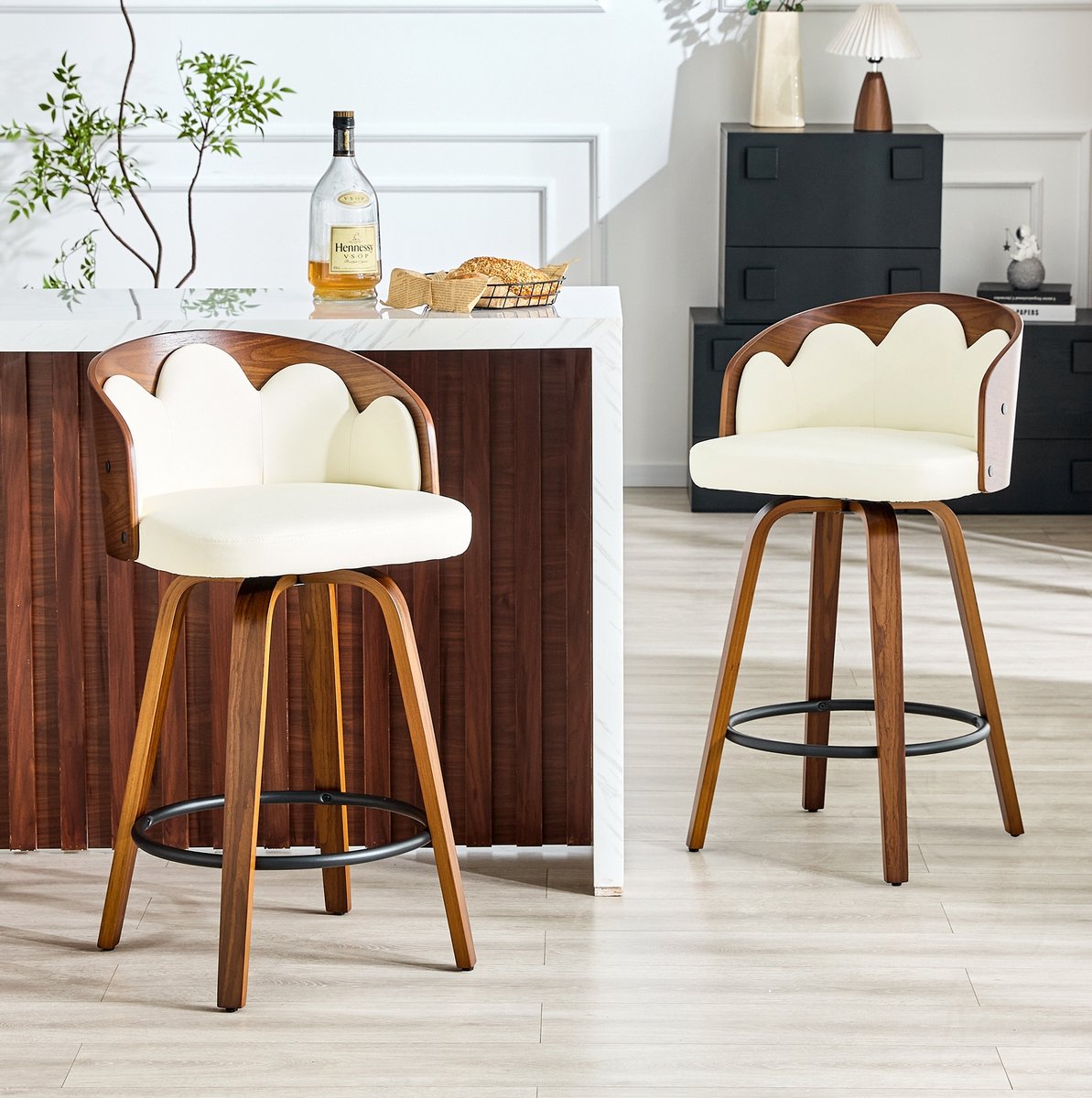 MIVRAY Barkruk 89 Cm - Bloemvormige Rugleuning Met Armleuningen En Voetsteun - Voor Keuken Eiland En Bar - Hout En Kunstleer - Wit