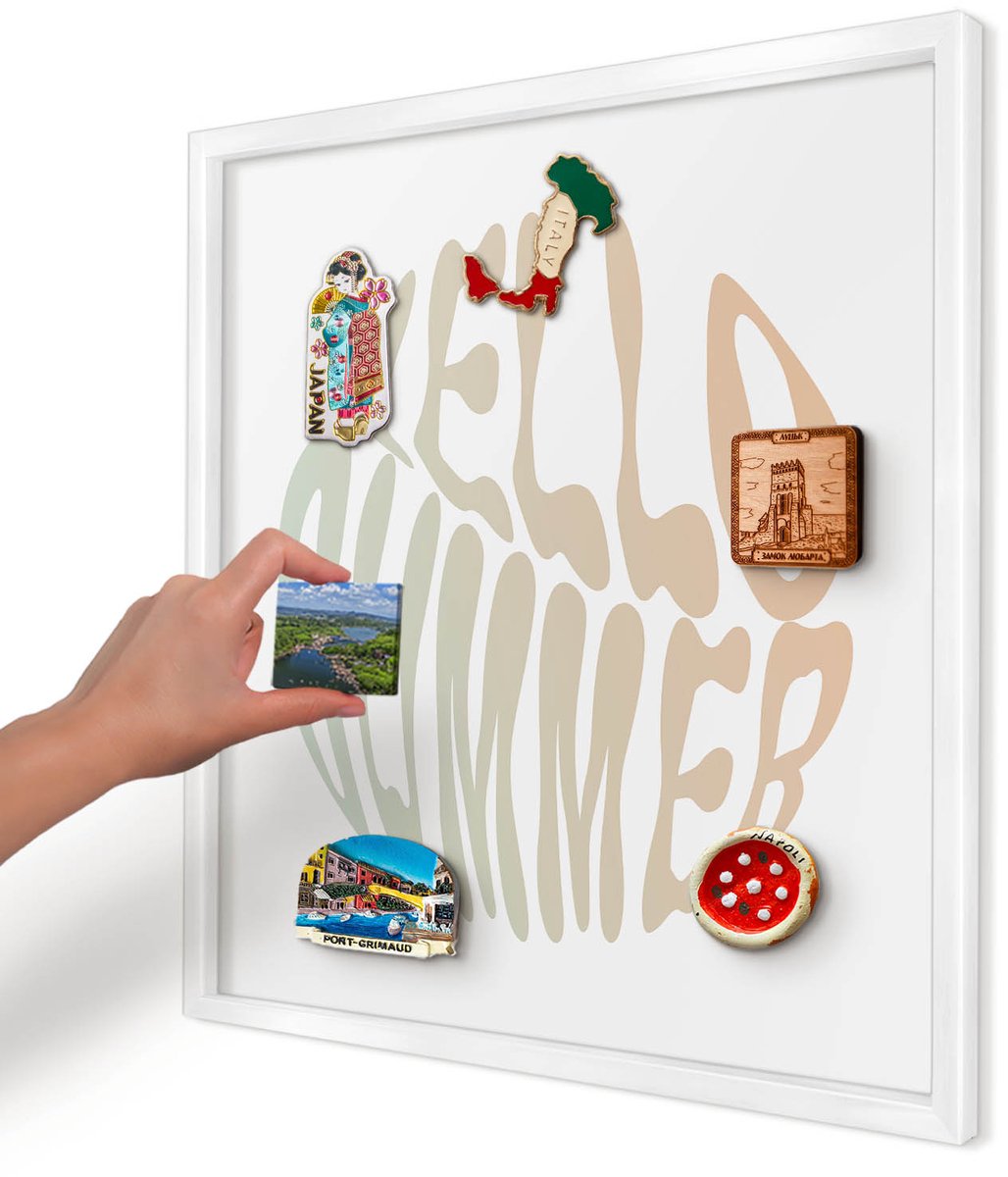 Artprintcave Wit Magneetbord mit Witte Lijst - 50x50 cm - Hallo Zomer Magnetisch Bord - Typografisch Magneetbord Voor Foto's - Texturen