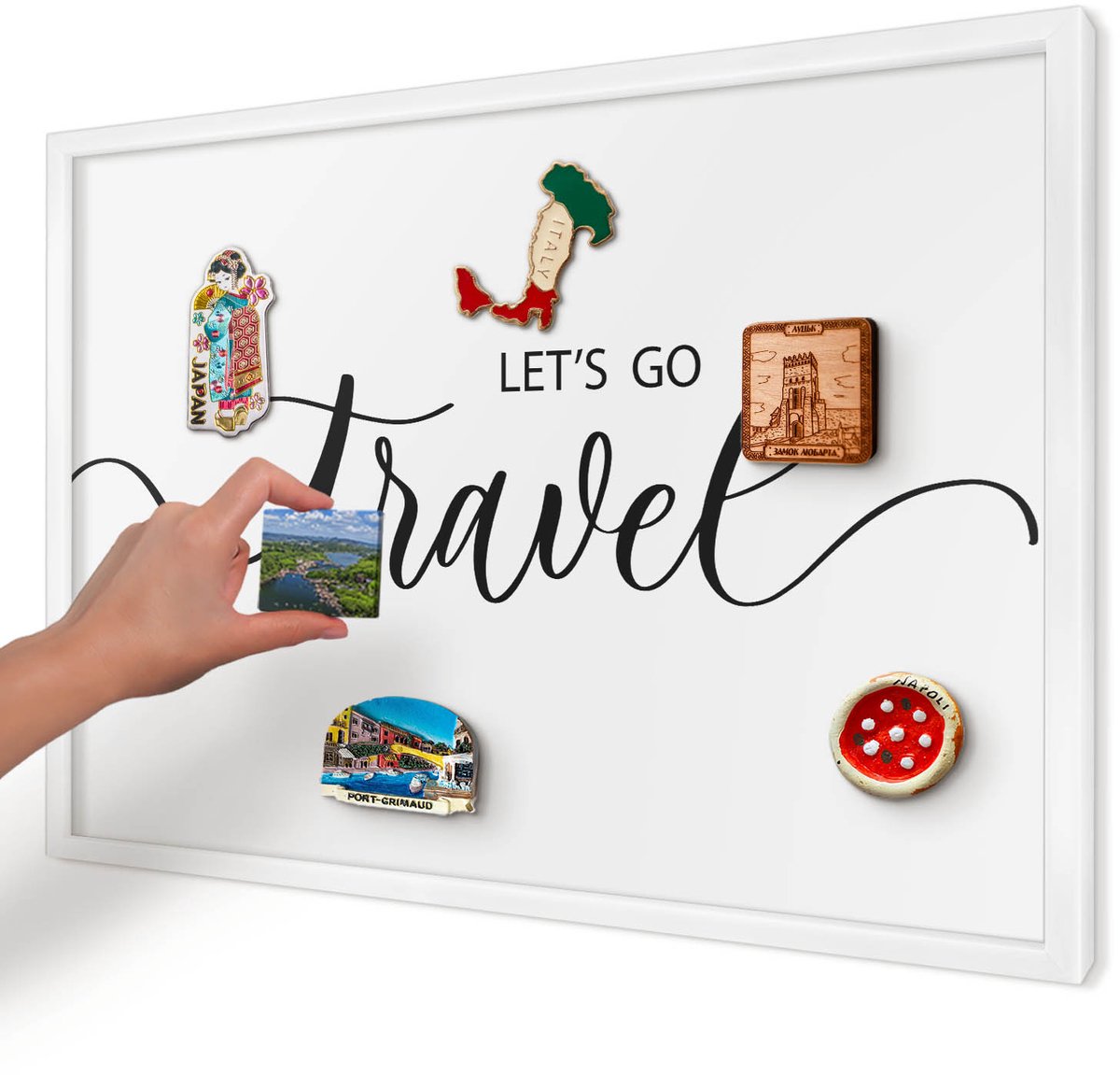Artprintcave Zwart Magneetbord mit Witte Lijst - 60x40 cm - Laten We Samen Op Reis Gaan Wandbord Magnetisch - Typografisch Magneetbord Voor Foto's - Teksten