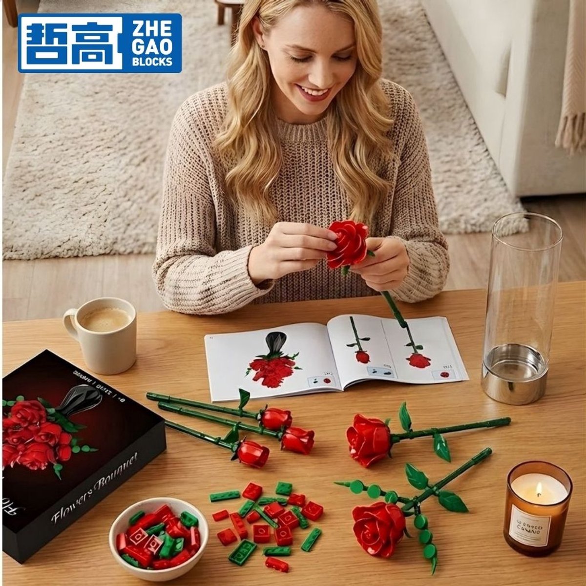 Zhe Gao 11156 Rode Rozen bloemen bouwset | Botanical Flowers Collection modelbouw | Classic Creator STEM speelgoed bouwpakket voor volwassenen en kinderen | Educatief decoratie Kunstbloemen boeket niet geschikt voor Lego | bouwdoos met 443 bouwstenen — afbeelding 6