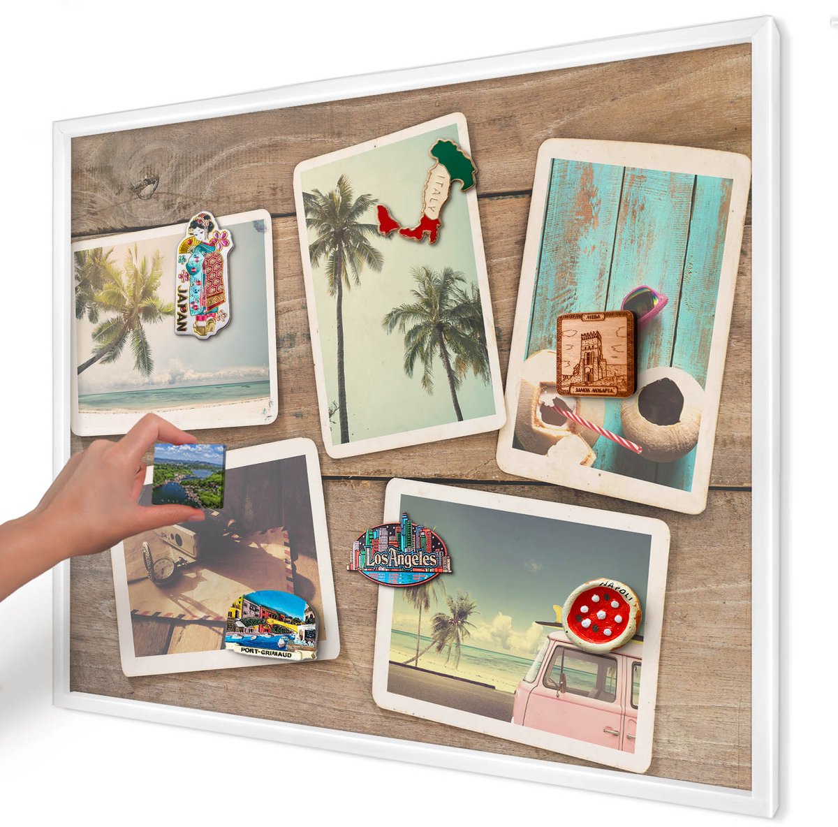 Artprintcave Beige Magneetbord mit Witte Lijst - 80x60 cm - Vakantienostalgie Magnetische Organizer - Vintage Memobord Keuken - Natuur