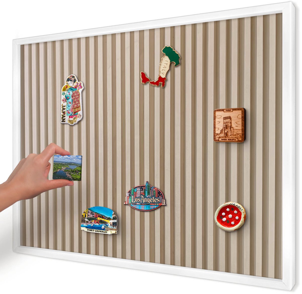 Artprintcave Beige Magneetbord mit Witte Lijst - 70x50 cm - Houten Latten Bord Voor Magneten - Minimalist Notitiebord - Texturen