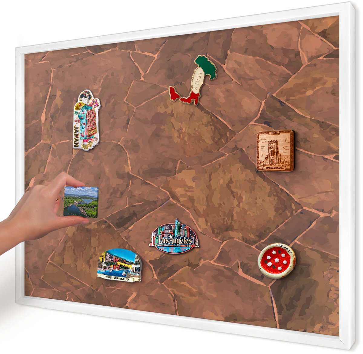 Artprintcave Bruin Magneetbord mit Witte Lijst - 70x50 cm - Stenen Constructie Magnetische Organizer - Rustiek Magneetbord Voor Keuken - Texturen