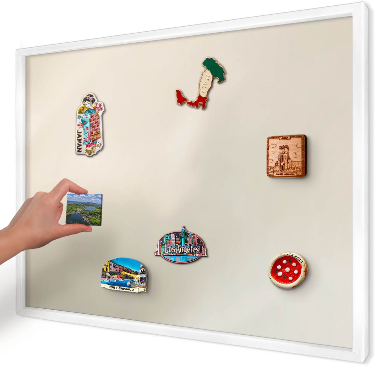 Artprintcave Beige Magneetbord mit Witte Lijst - 70x50 cm - Misttoon Magnetische Organizer - Minimalist Bord Voor Magneten - Achtergronden En Patronen