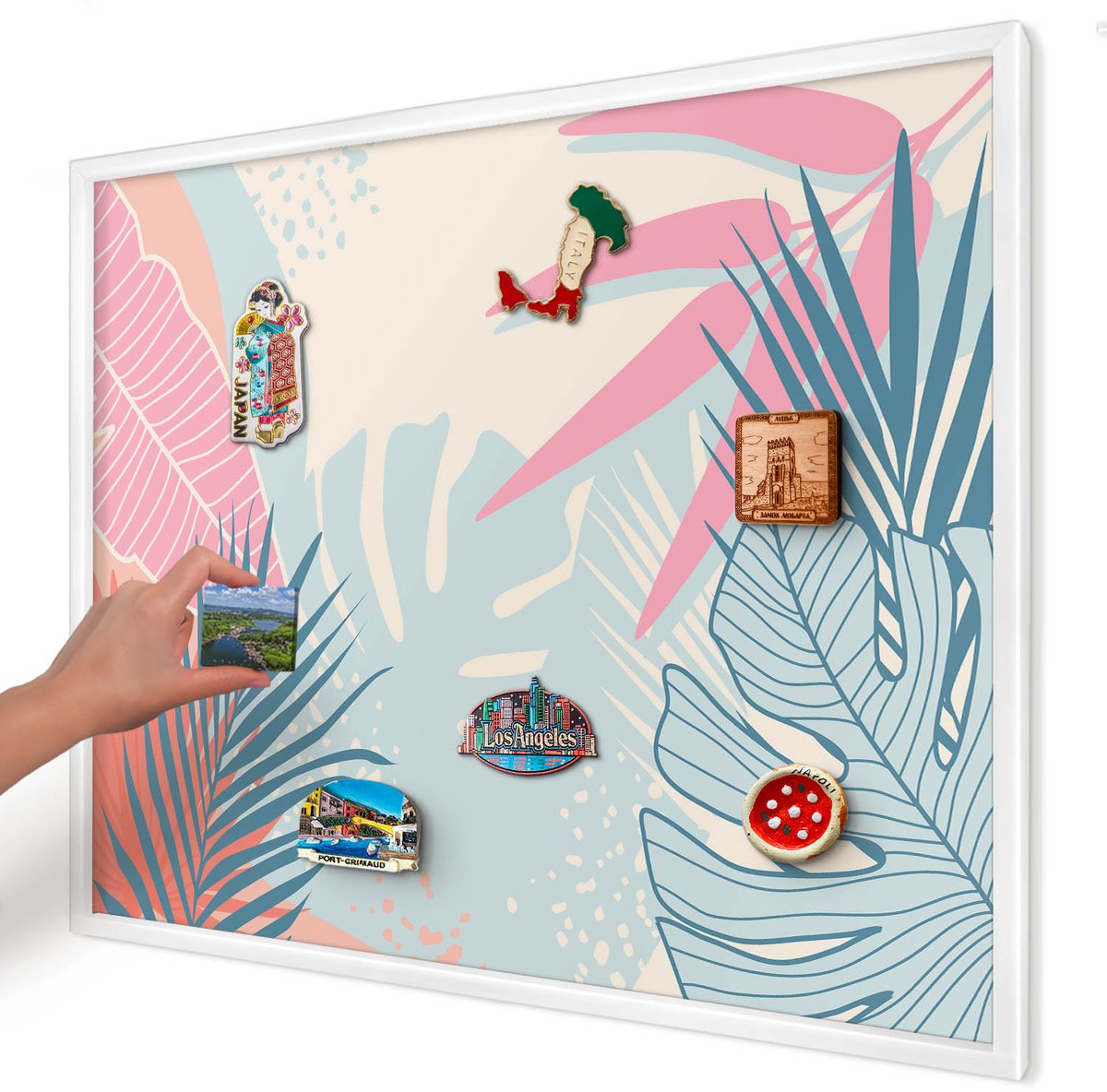 Artprintcave Romig Magneetbord mit Witte Lijst - 80x60 cm - Tropische Abstractie Magneetbord Voor Foto's - Abstract Magneet Bord mit Frame - Bloemen En Planten