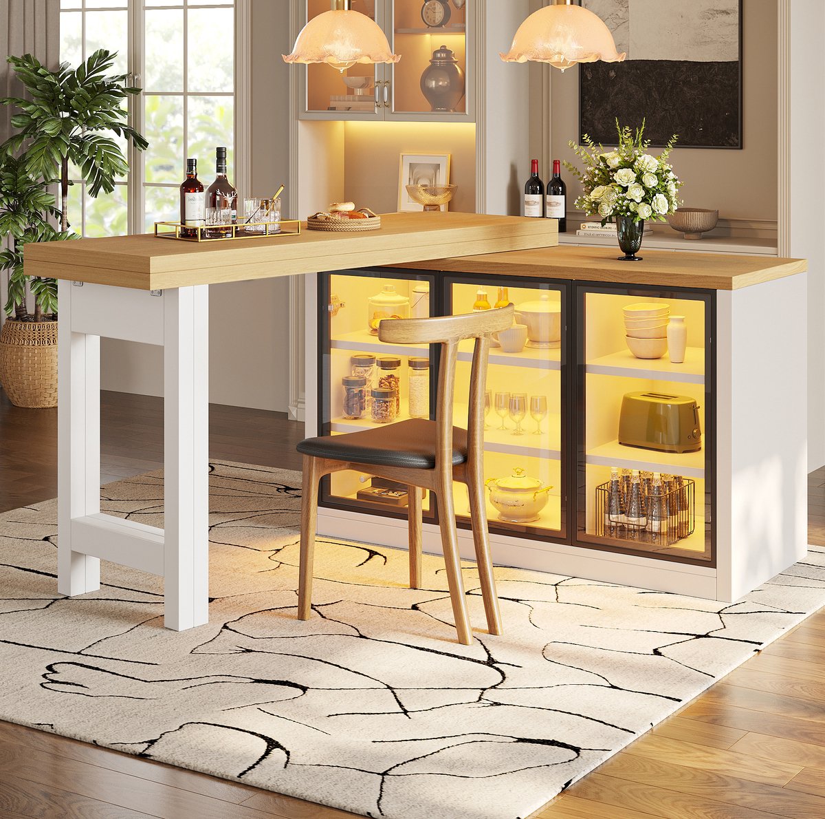 FloraGrace Eettafel - Uitschuifbaar En 360 Graden Draaibaar Met Opbergkast - Voor Keuken En Eethoek - MDF En Glas - 197x40x72 Cm - Wit