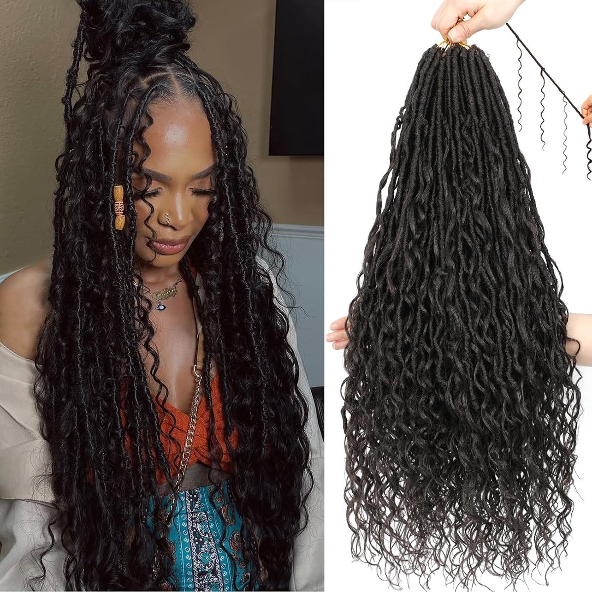 Faux Locs gehaakt haar, 8 verpakkingen goddess zachte locs met krullende uiteinden, voorgelopen Bohemian River Locs gehaakt haarextensies voor zwarte vrouwen (4#, 61 cm (Pack van 8)