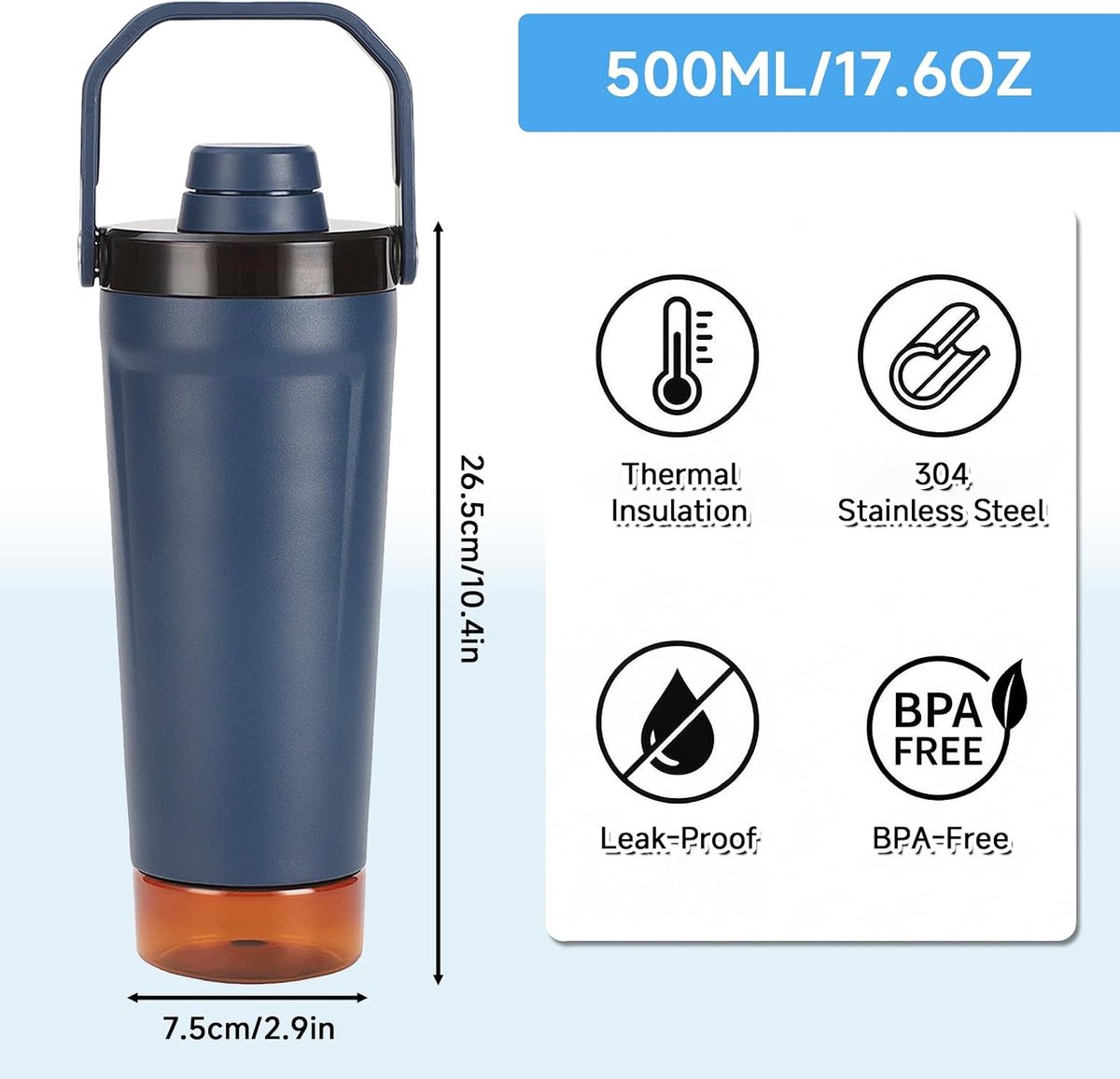SnelShoppen - Protein Shaker Fles met Poedercompartiment 500 ml + 200 ml, RVS, Blauw, Ideaal voor Sport, Fitness, Reizen, Snacks, Duurzaam en Roestvri