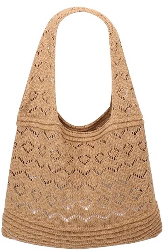 Sac marron tricoté à motif ajouré avec anses rondes.