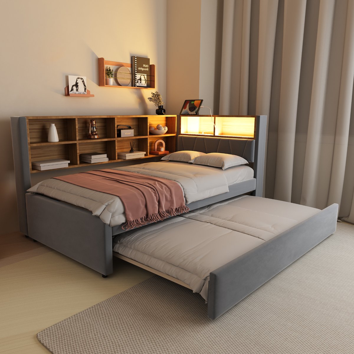 Slaapbank met uitschuifbed en LED-verlichting - 2-in-1 voor logés - 90x200 cm + 90x190 cm - Antraciet - USB en Type-C laadpoort - Zachte flanellen bekleding - Meerdere opbergvakken