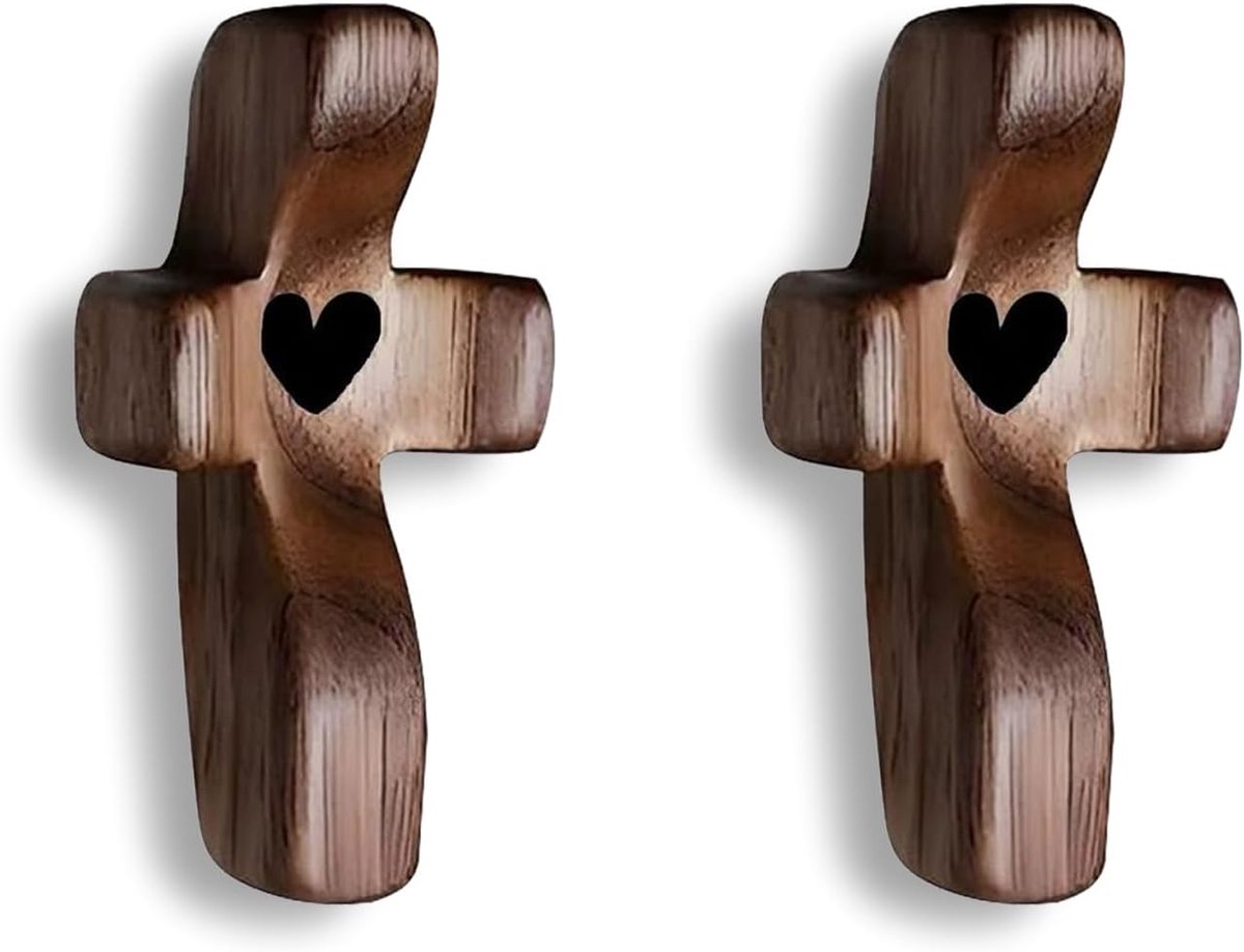 Liekadijiae 2 Pieces Hand Friendly Wood, Small Hand Carved Love Cross of Wood with Hearts, Walnut Portable Prayer - ShopVlot