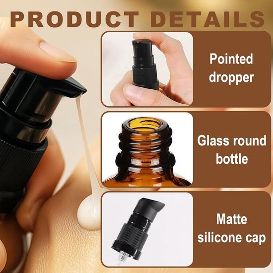 SnelShoppen - 4 Stuks 100ml Lege Glazen Flessen Bruin Amber Lotion Flessen met Pomp + Trechter + Spuiten + Stickers voor Aromatherapie, Essentiële Oli van Snelshoppen — afbeelding 2