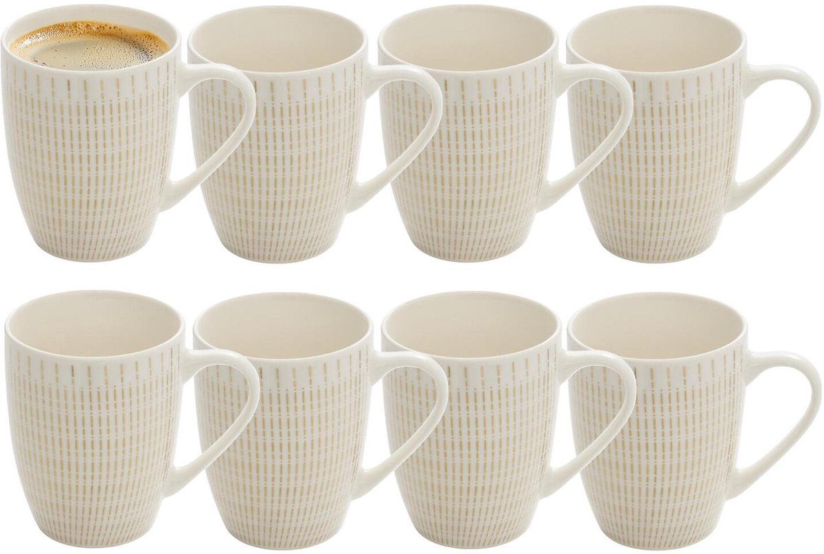 Secret de Gourmet koffie kopjes - Ancient Aswan - 8x stuks - wit/goud - 350 ml - mokken - keramiek - met stijlvol decoratie motief