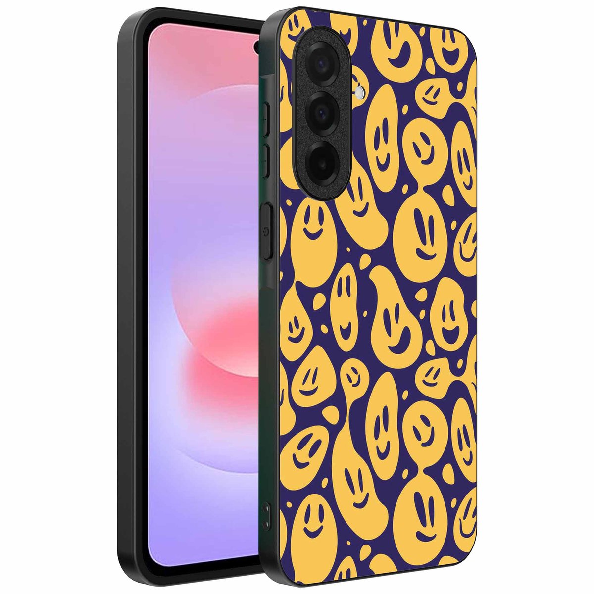 Geschikt voor Samsung Galaxy A37 Telefoonhoesje met smiley opdruk - TPU backcover case emoji design - Paars Geel - Smartphonica geschikt voor Samsung Galaxy A37