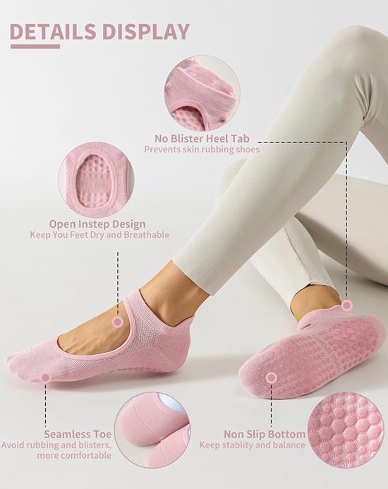 4 Stuks Yoga Sokken Antislip - Pilates Sokken Antislip Dames - Yoga Sokken - Pilates Yogasokken - Gripsokken voor Yoga / Pilates / Ballet - Antislip sokken - Sportsokken - Yoga Sport sokken - One size - voor vechtsporten, dans, barre, gymnastiek — afbeelding 4