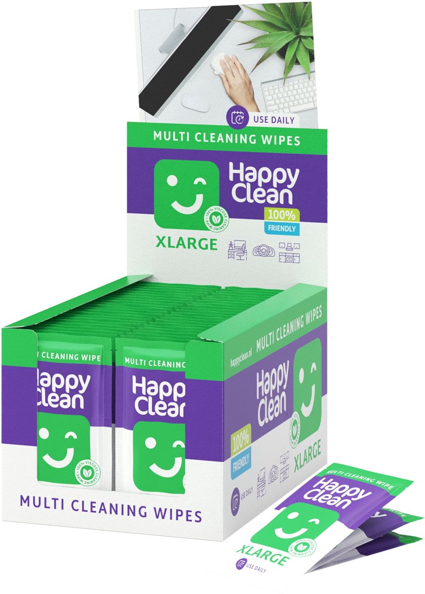 Happy Clean Kantoor Reinigingdoekjes - 100 Stuks individueel verpakt - 100% Viscose - Vochtige Schoonmaakdoekjes voor Bureau, Werkplek en Kantoor