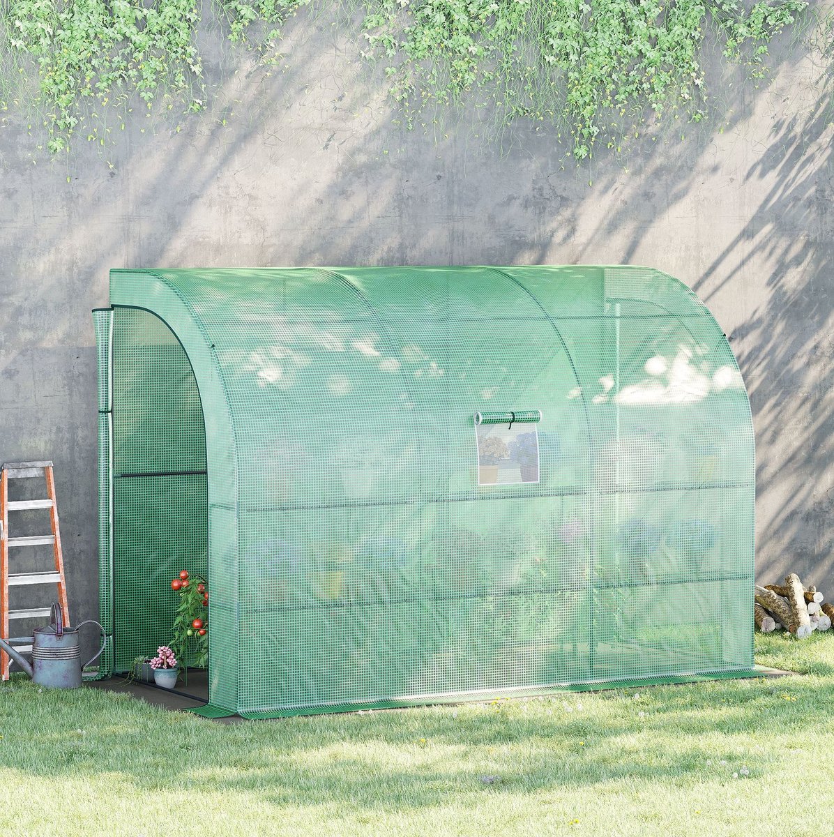 COVREO Muurkas 300 x 150 x 213 cm groen, van kunststof en staal met 6 rekken