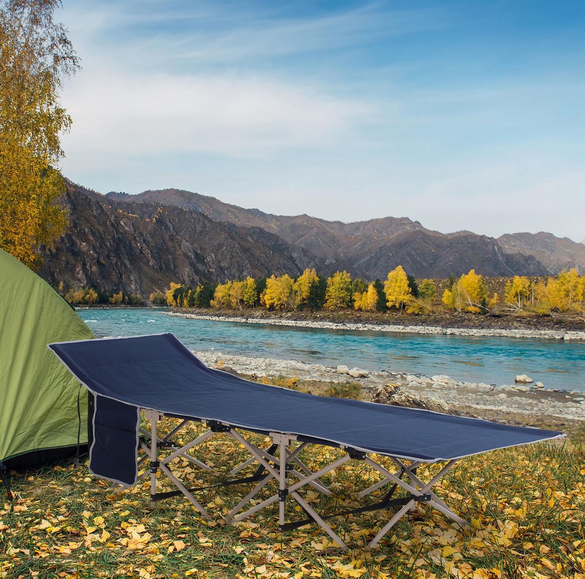 COVREO Veldbed 190x68x52 cm blauw, stalen frame met transporttas