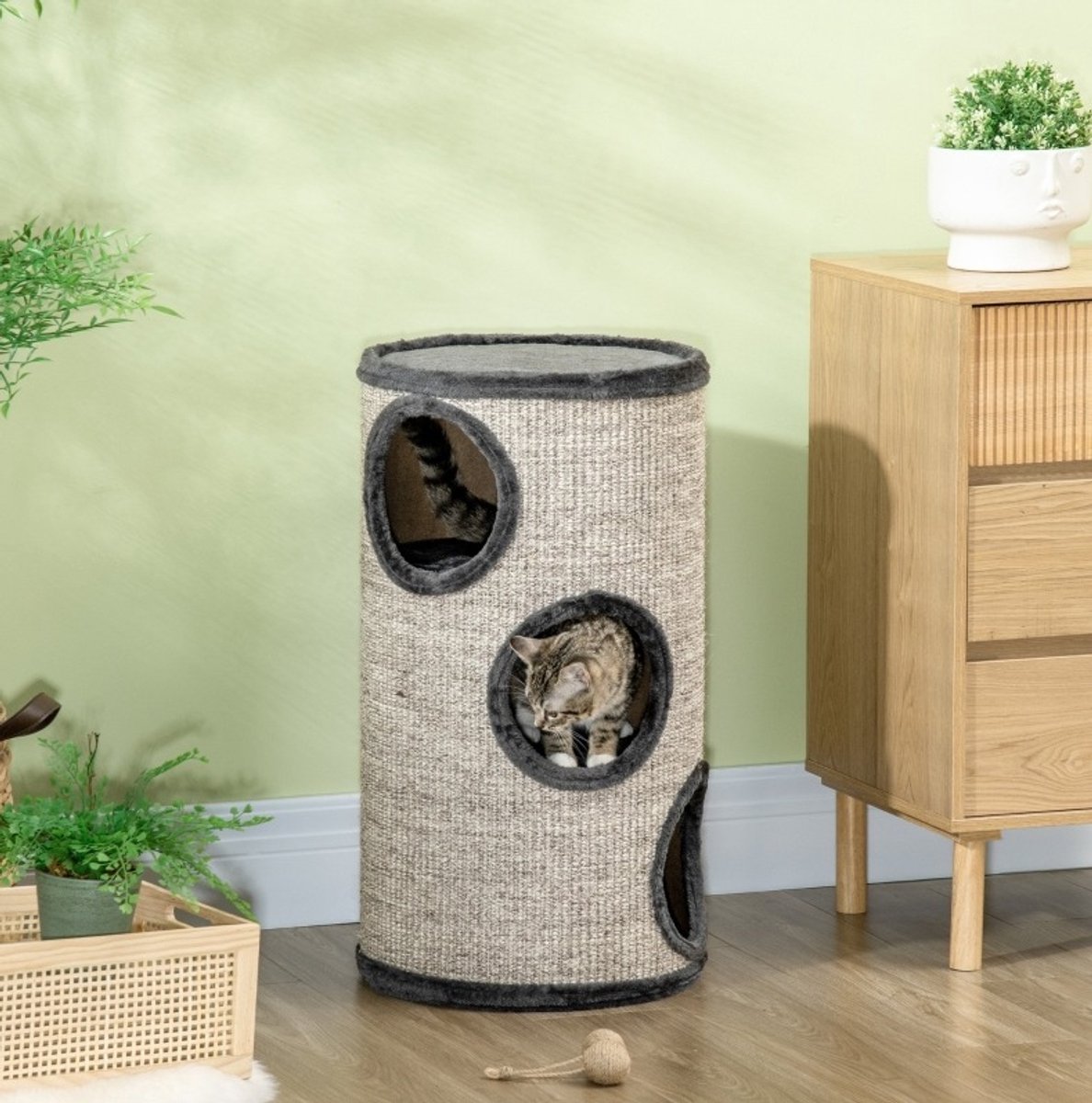 REDOM- Krabmeubel voor katten - Krabton met 3 niveaus - Sisal kraboppervlak - Pluche bekleding - Woonkamer - Hout en pluche - Lichtgrijs - 38 x 38 x 70 cm