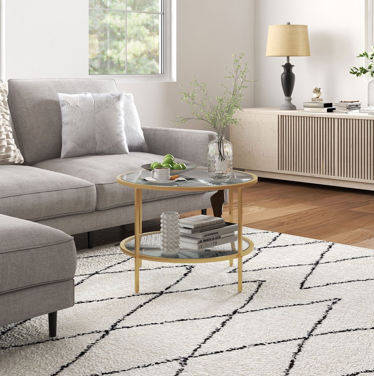 COVREO Salontafel 60x60x43 cm goud, glas en metaal met 2 niveaus