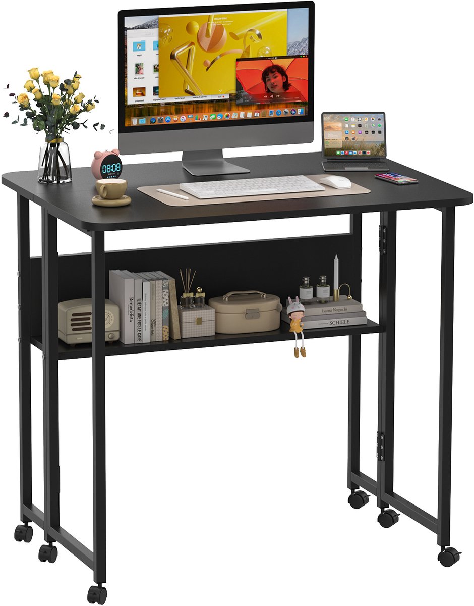 PIPIPOXER Bureau - Opklapbaar bureau - Werktafel in Rustieke Houtlook - computerbureau op wielen - opklapbare tafels voor thuiskantoor, slaapkamer, woonkamer - met opbergvak - 80 x 58 x 75 cm- Zwart