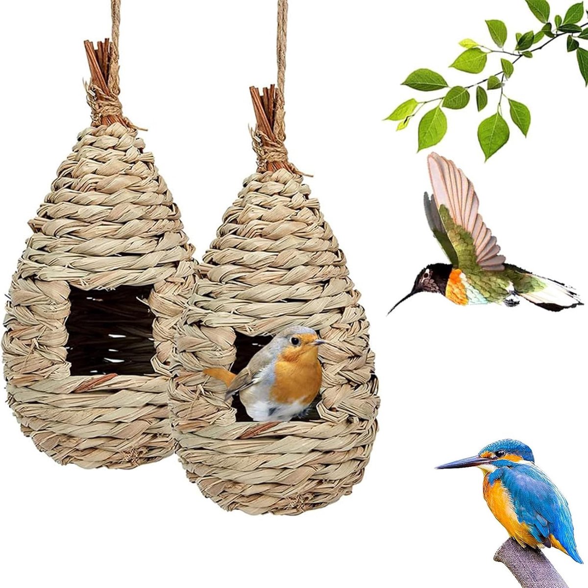 Thijox - Handgeweven Vogelhuisje - 2 Stuks Handgemaakt Vogelnestkastjes voor Houtskoolmezen en Rode Gorges - Duurzaam en Ademend Grasnest voor Tuin en