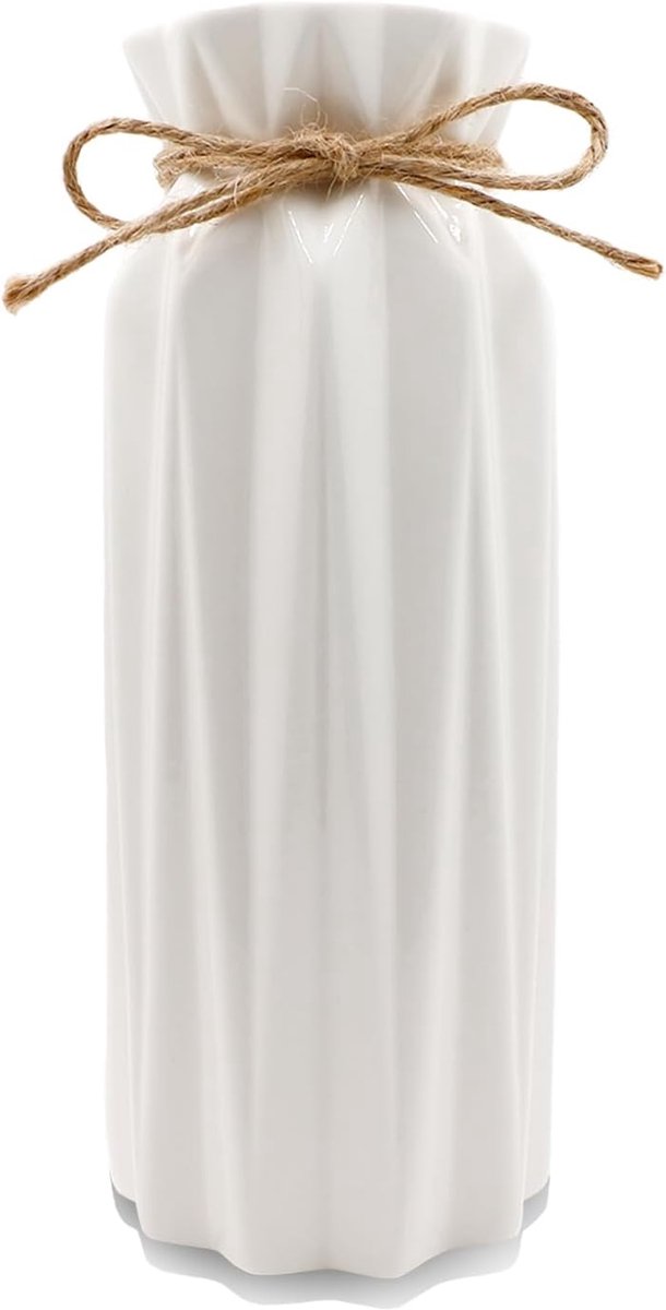 SnelShoppen - Moderne Witte Vaasje 21.5cm Hoog Glazuur, Keramisch Bloemenvaasje met Jute Touw, Decoratieve Vazen voor Pampasgras en Gedroogde Bloemen,
