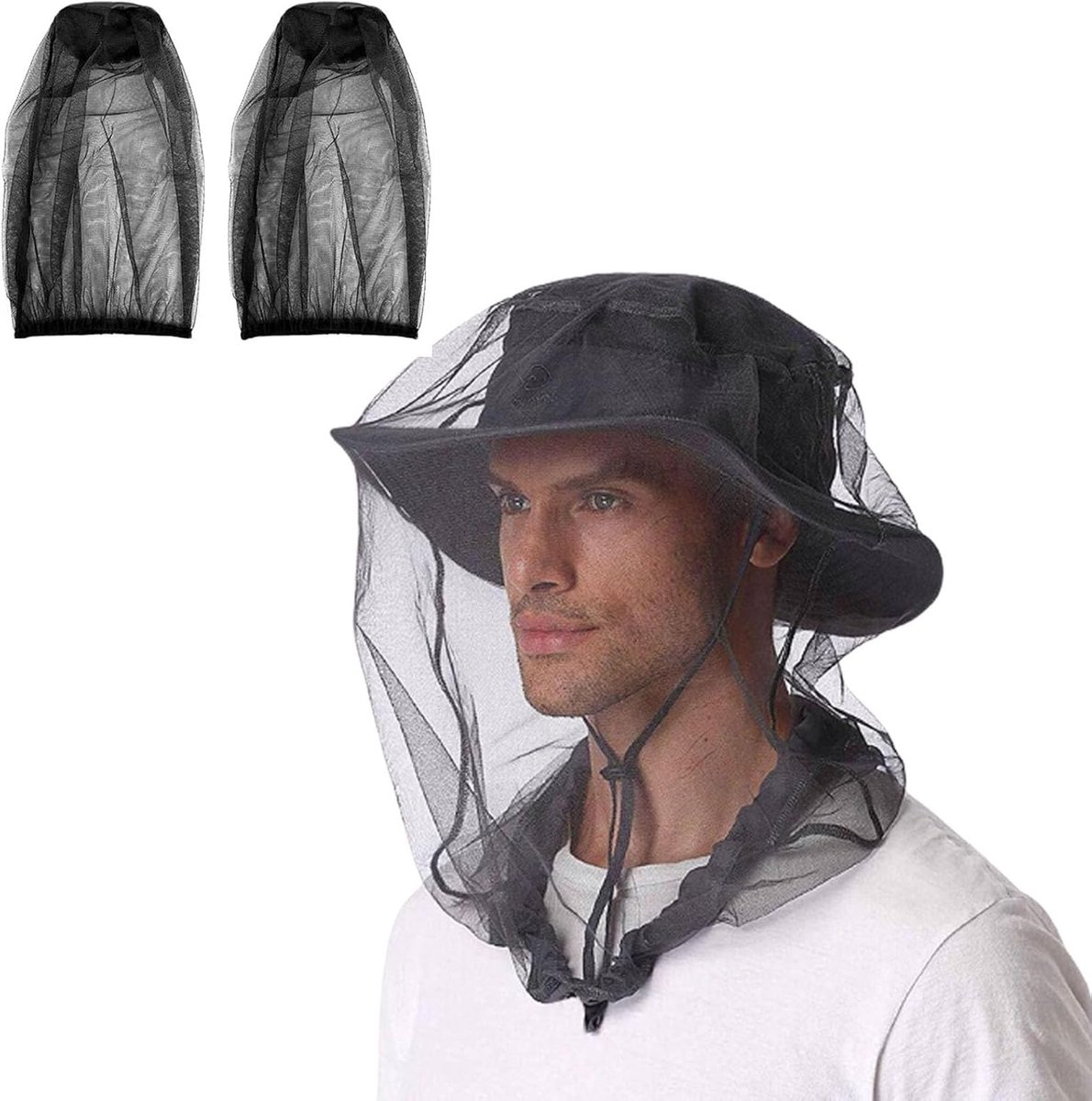 SnelShoppen - 2 Zwarte Muggenwerende Netten, Insectenproof Hoofdnets voor Volwassenen en Kinderen, Lichtgewicht en Draagbaar, Perfect voor Kamperen, V