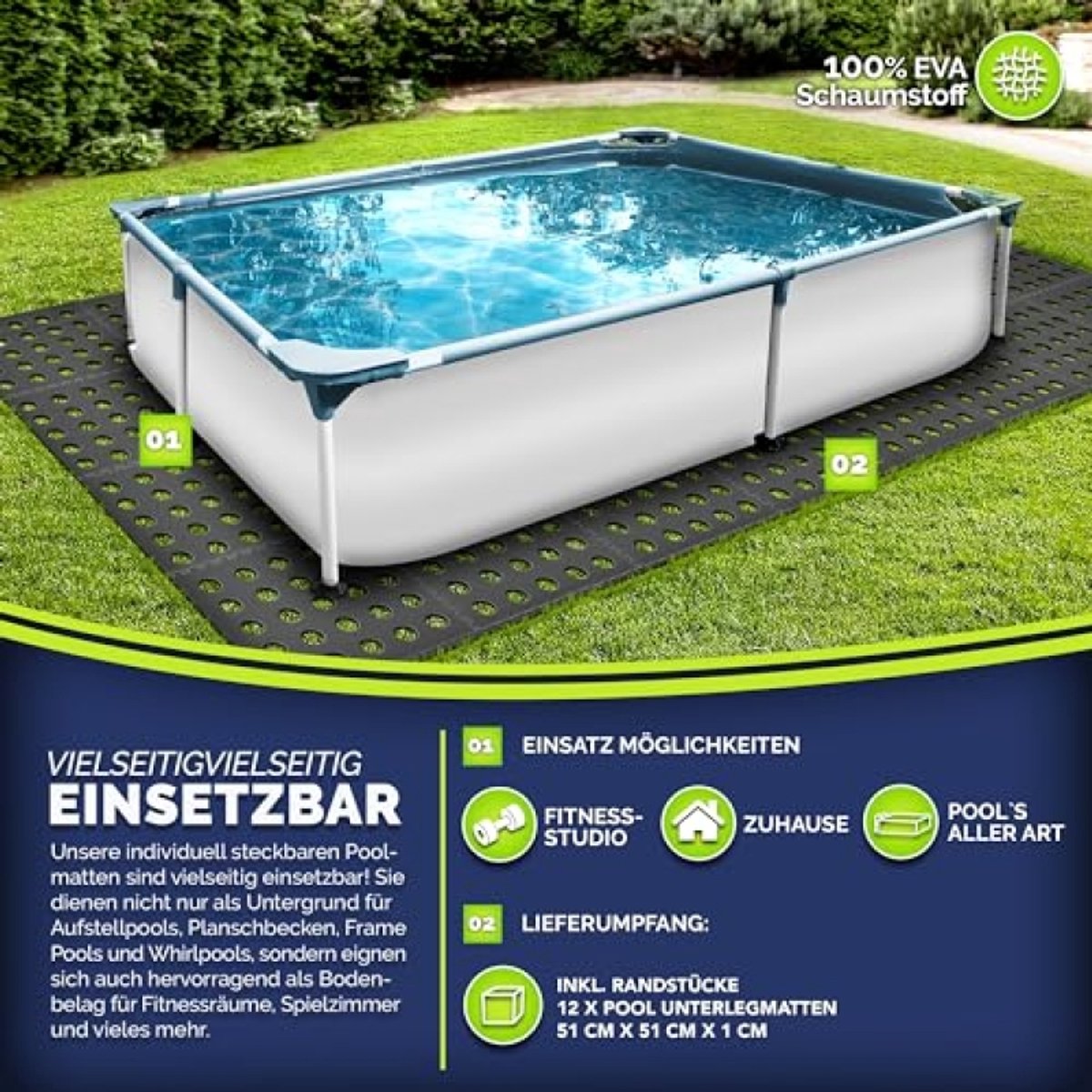 Pool vloerbeschermingsmat 12 stuks met gaten 51x51cm - Onderlegmat voor zwembad, peuterbadje en whirlpool - EVA-schuim, antislip, waterafvoer