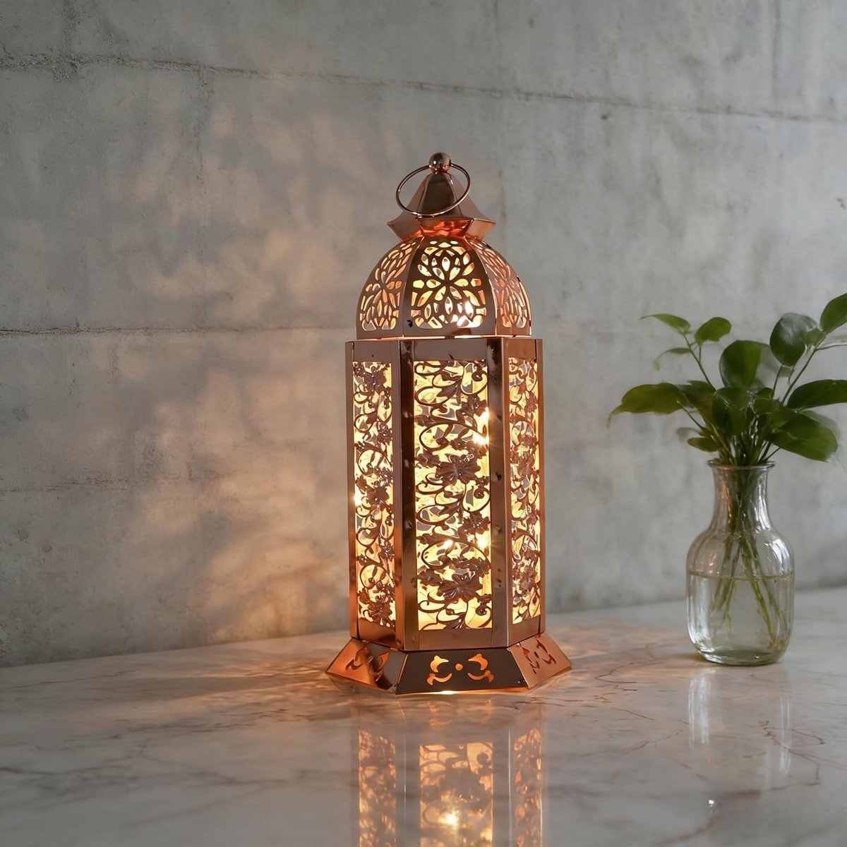Marokkaanse Lantaarn - Oosterse Lamp - Sfeerverlichting Binnen - Holle Ijzeren Decoratie - 305 cm Hoog - Roségoud