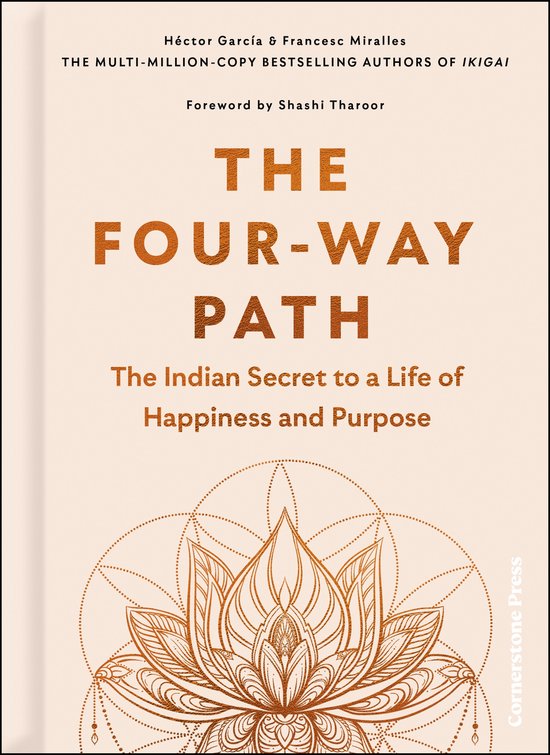 Boek 'The Four-Way Path: The Indian Secret to a Life of Happiness and Purpose' met een lotusbloem-illustratie.
