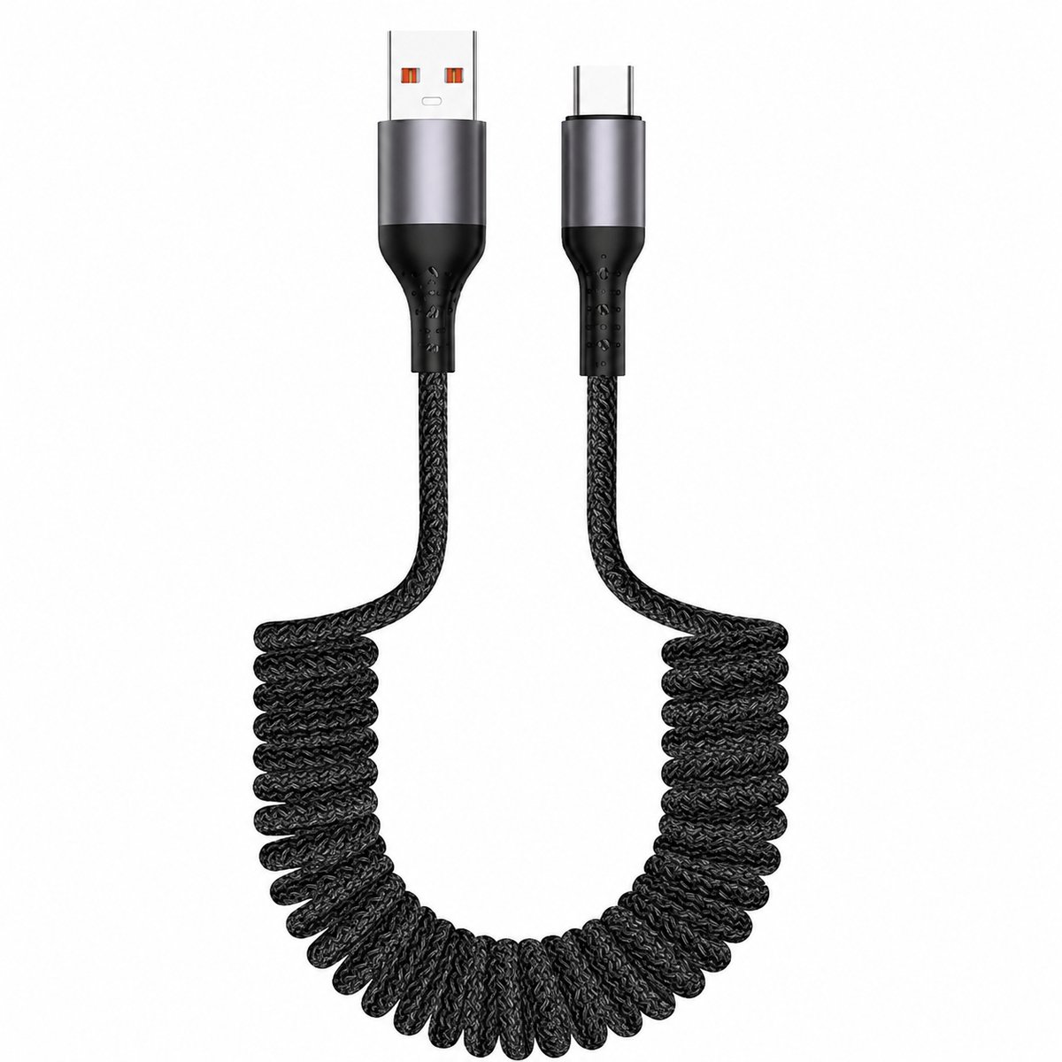 Spiraalkabel USB-C - Oplaadkabel voor Auto - Snelladen 100W - Krulkabel voor Smartphone - Compacte USB Kabel - 1 Meter - Zwart