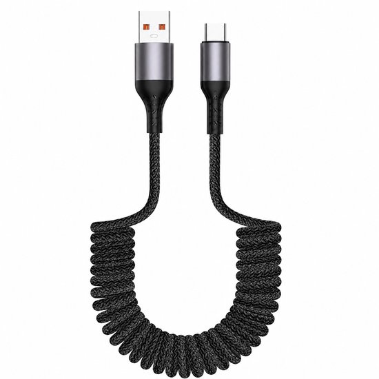 Spiraalkabel USB-C - Oplaadkabel voor Auto - Krulkabel voor Smartphone - Compacte USB Kabel - 1 Meter - Zwart