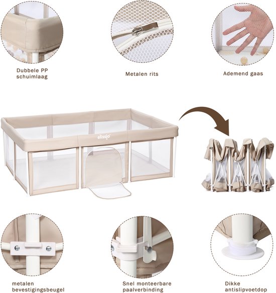 Beige grondbox met ademend gaas, metalen rits en dikke antislipvoetjes. Inklapbaar.