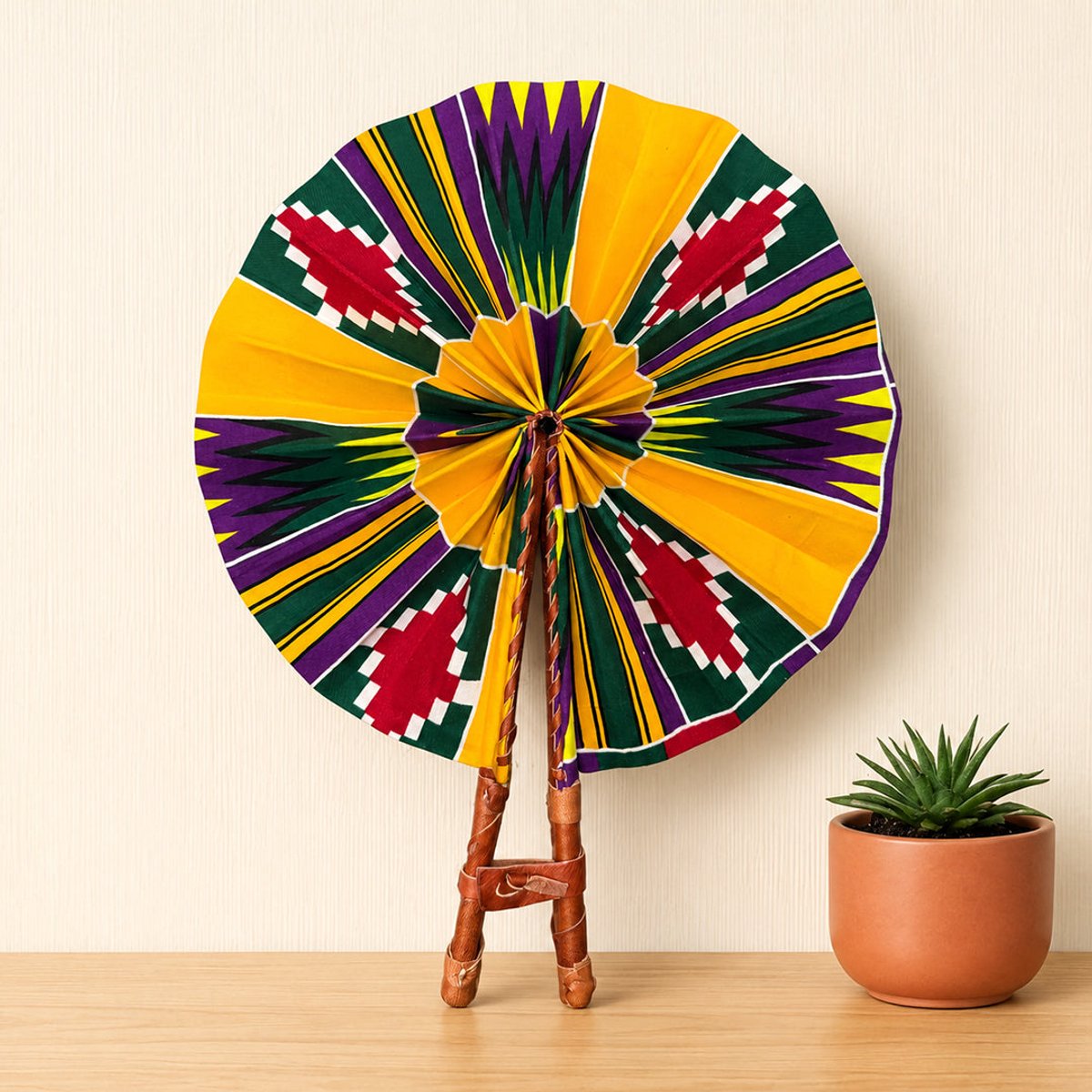 Afrikaanse handwaaier - Ankara print waaier - Geel Groen Tetteh