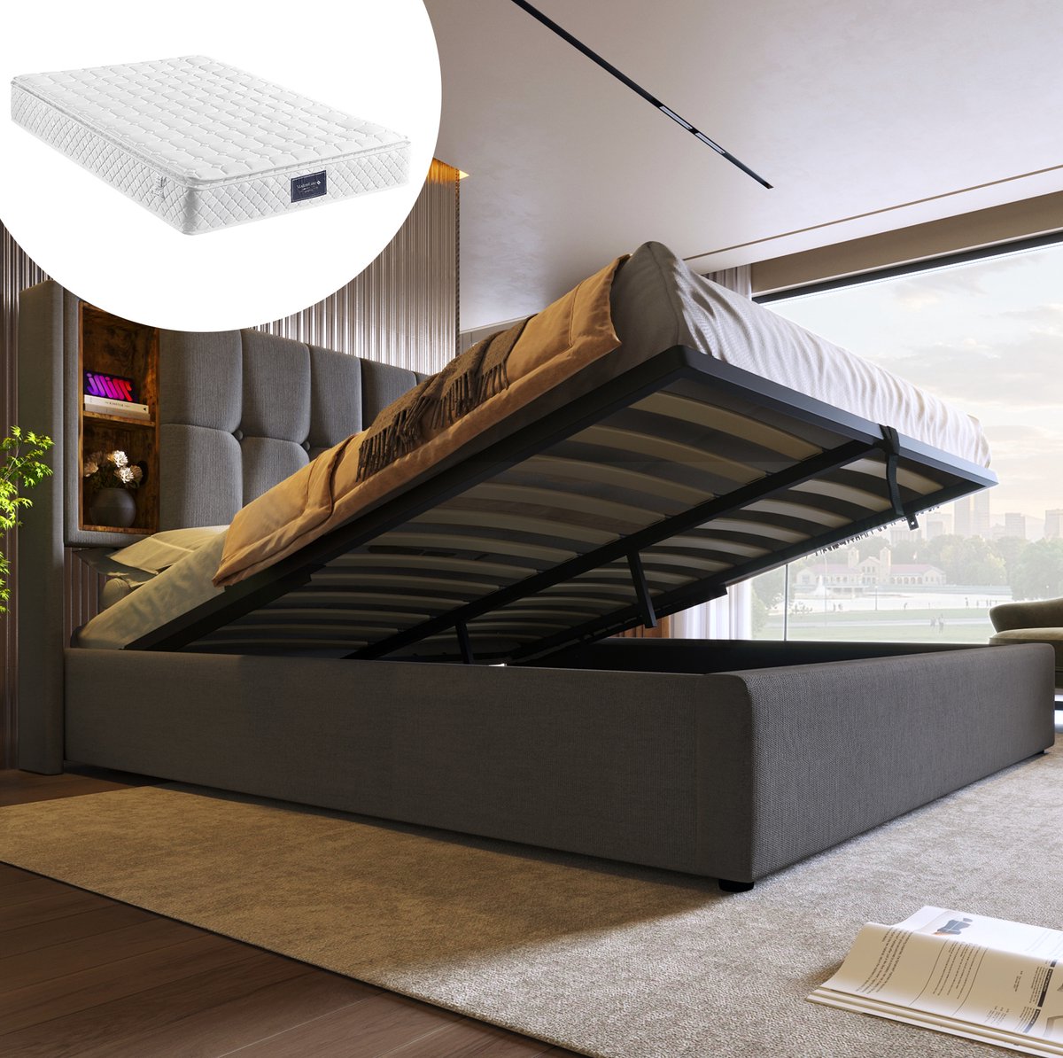 MEUNIQ tweepersoonsbed 140x200 cm met opbergruimte, lattenbodem, hoofdbord met draadloos opladen, USB en USB-C, grijs stoffen bedframe voor slaapkamer