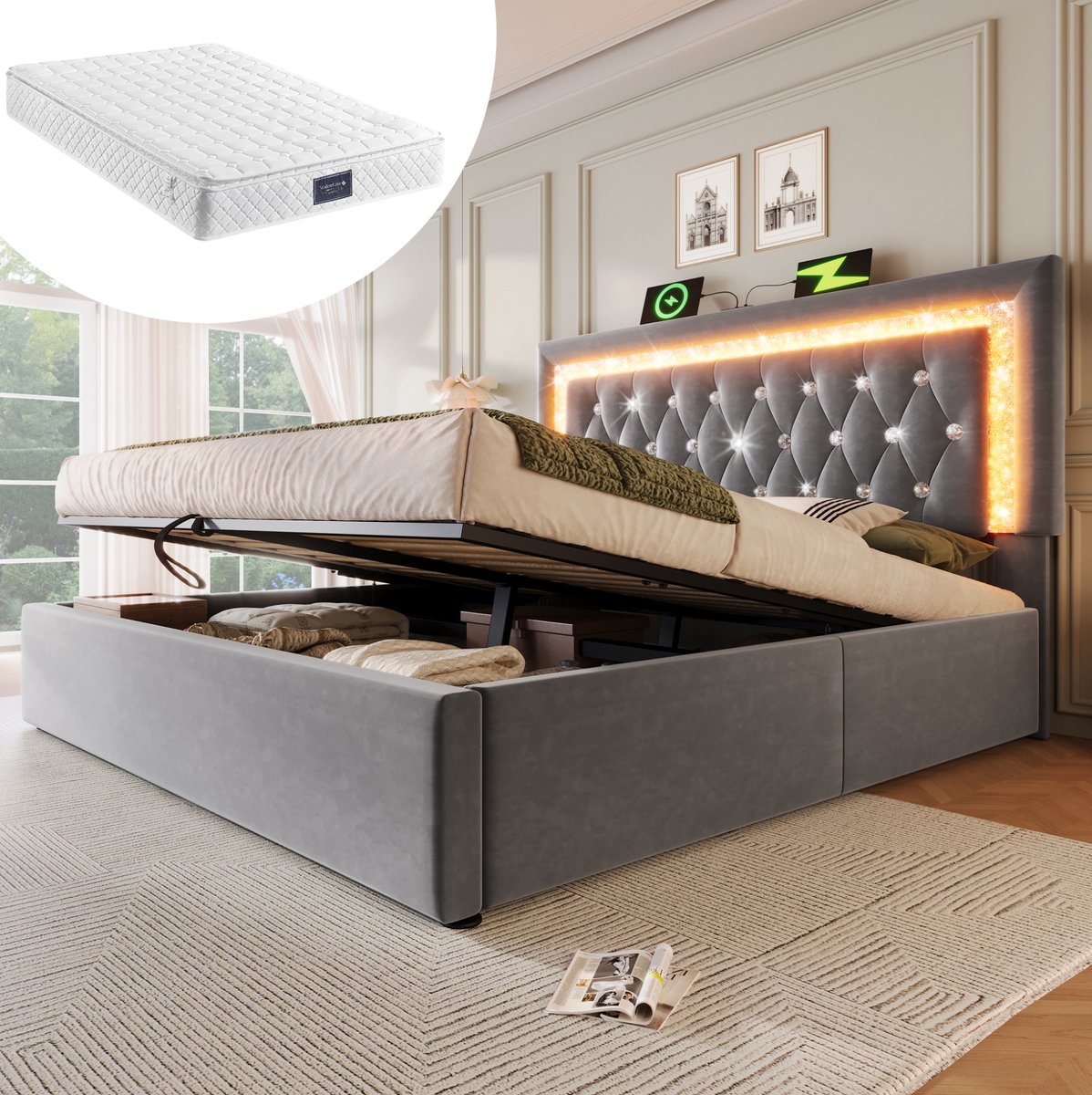 MEUNIQ tweepersoons bed 160x200 cm met matras, LED-hoofdbord, USB en USB-C, hydraulische opbergruimte, lattenbodem en fluwelen bekleding, grijs