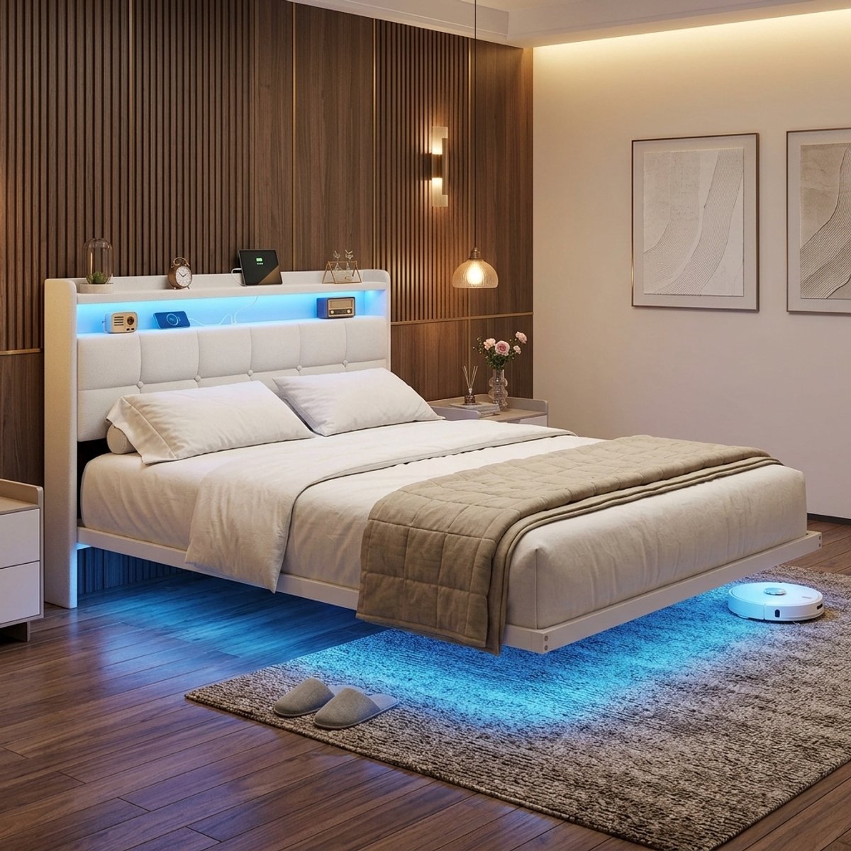 Luxe Zwevend Gestoffeerd Bed 140x200 cm met LED Verlichting, USB & USB-C Laadstation, Opberg Hoofdbord, Metalen Bedframe, Tweepersoonsbed, Modern Design, Beige Medahomestore