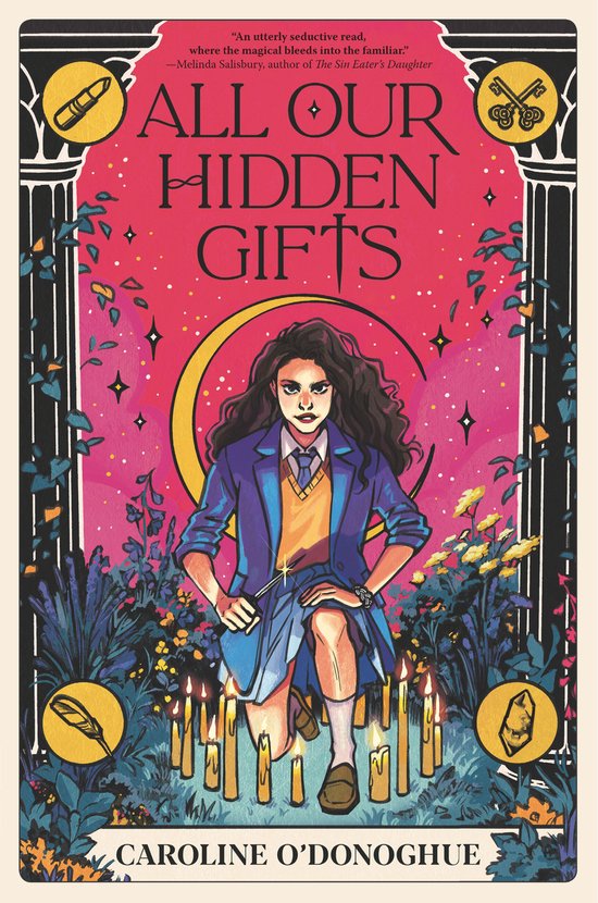 Een meisje met donker krullend haar, in een schooluniform, knielt tussen kaarsen. De titel is "ALL OUR HIDDEN GIFTS".