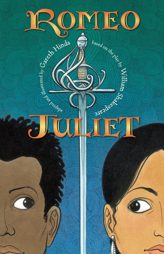 Boek 'Romeo & Juliet' van Gareth Hinds, met een zwaard tussen de gezichten van Romeo en Juliet op een turkooizen achtergrond.