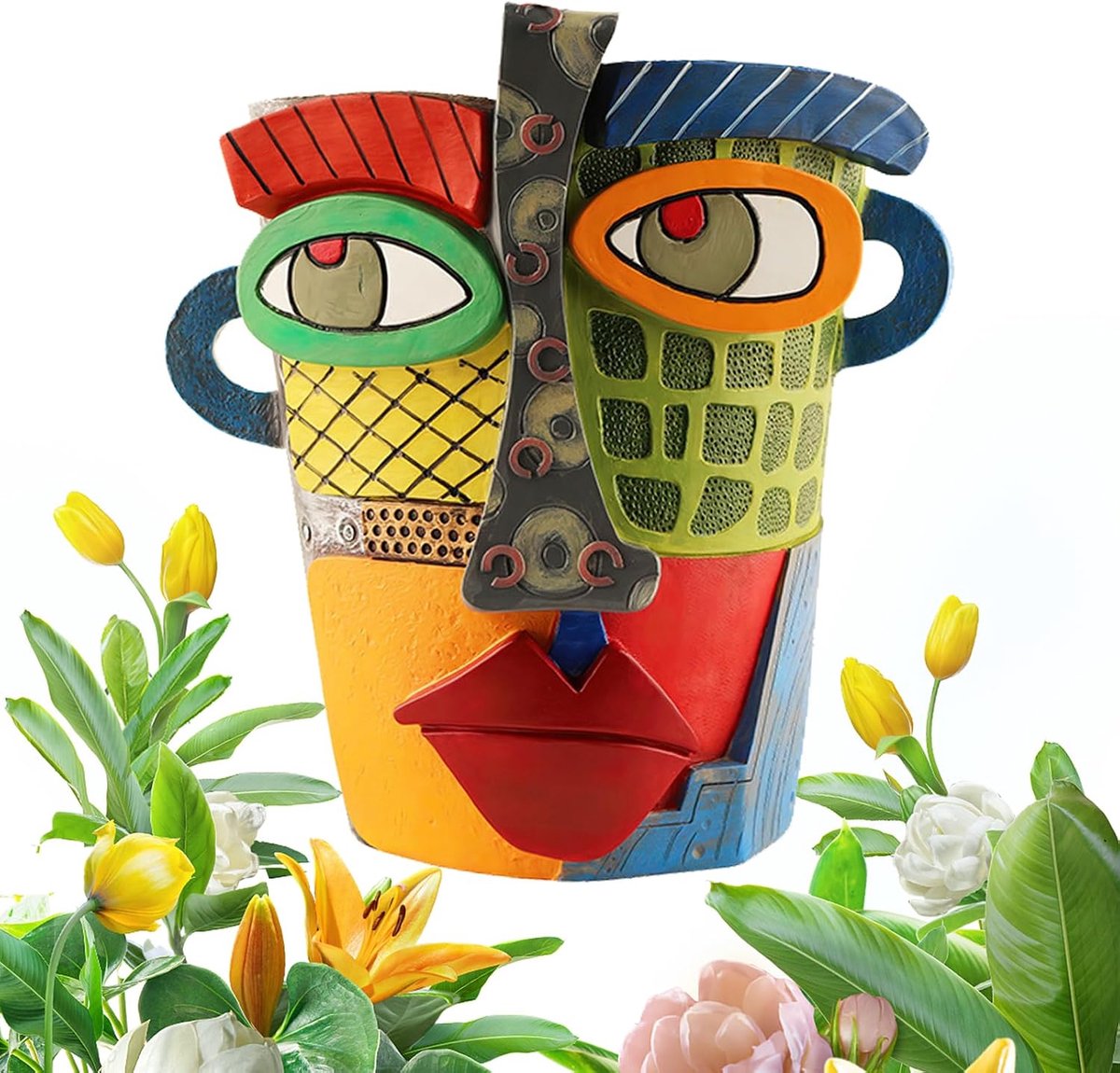 Bloempot Gezicht - Kop Vaas - Decoratie Binnen - Uniek Abstract Design - 18.5 cm - Regenboog