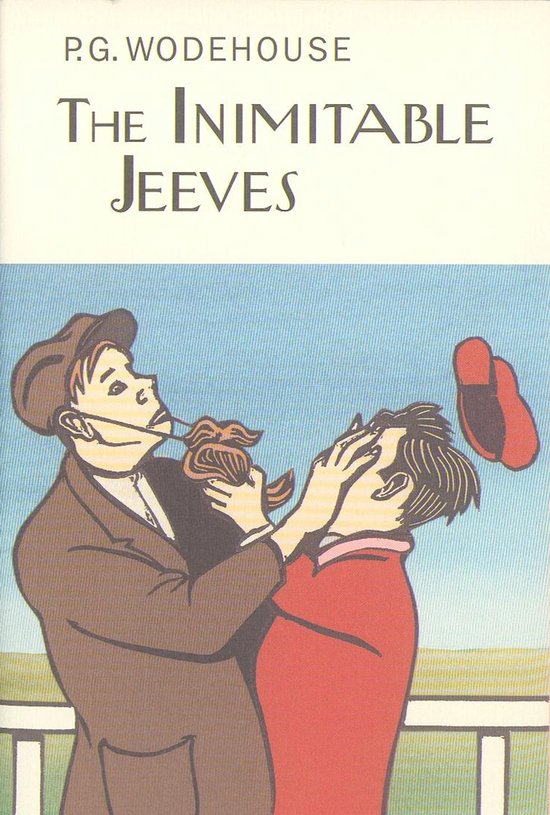 Boekomslag van "The Inimitable Jeeves" met een illustratie van twee jongens die worstelen, waarbij de ene jongen de andere probeert te voeren en een pantoffel in de lucht vliegt.