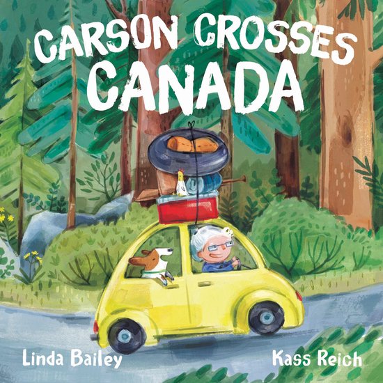 Boek "Carson Crosses Canada" met een gele auto vol bagage, bestuurd door een vrouw met een hond, in een bosrijke omgeving.