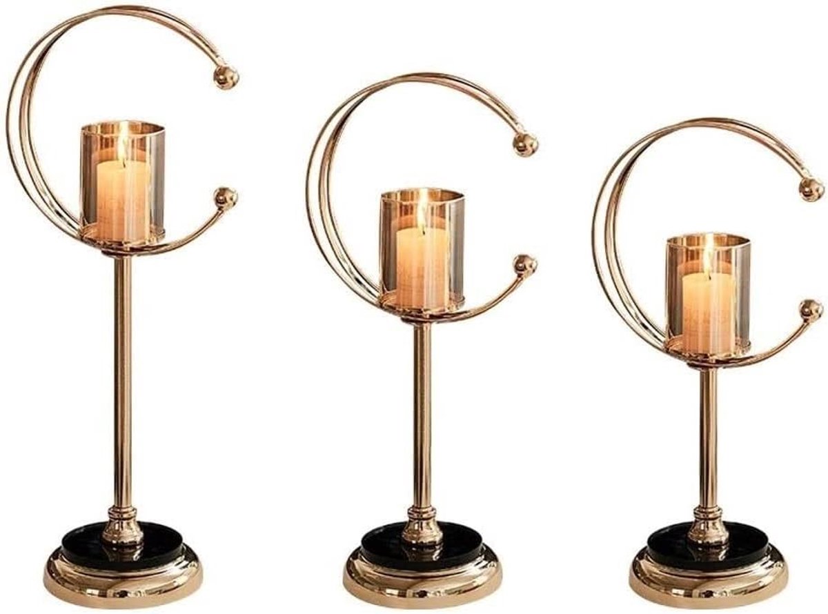 Kandelaars Set - Tafel Standaard - Sfeervolle Decoratie - Elegant Metalen Design - 3 Stuks - Goudkleurig